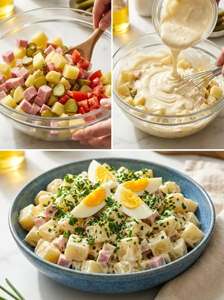 Original Französischer Kartoffelsalat, frisch zubereitet mit Kräutern und Dressing.