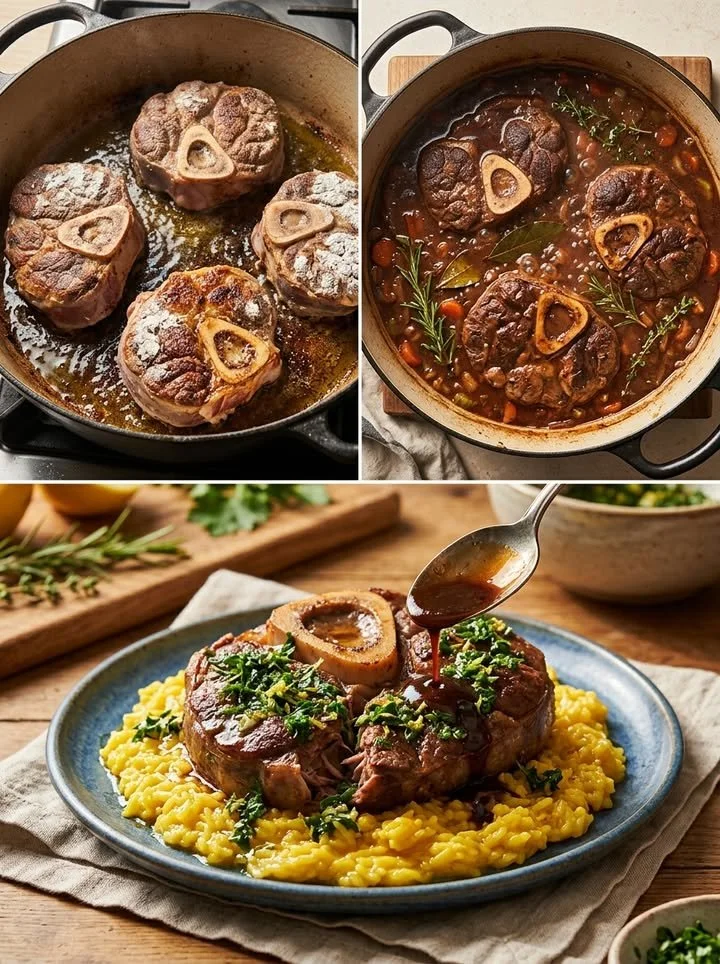 Ossobuco alla Milanese auf einem Teller mit Beilagen serviert.