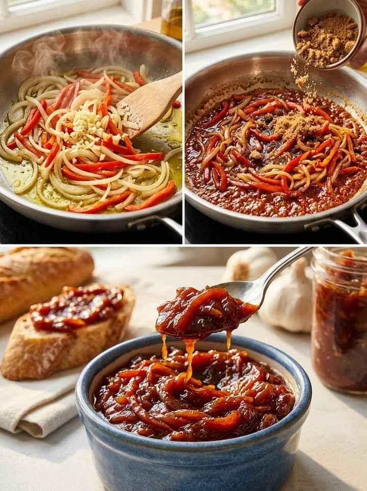 Glas mit hausgemachtem Paprika-Zwiebel-Chutney auf einem Holztisch