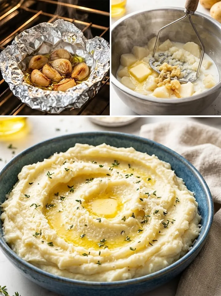 Cremiges Parmesan-Kartoffelpüree mit Röstknoblauch serviert.