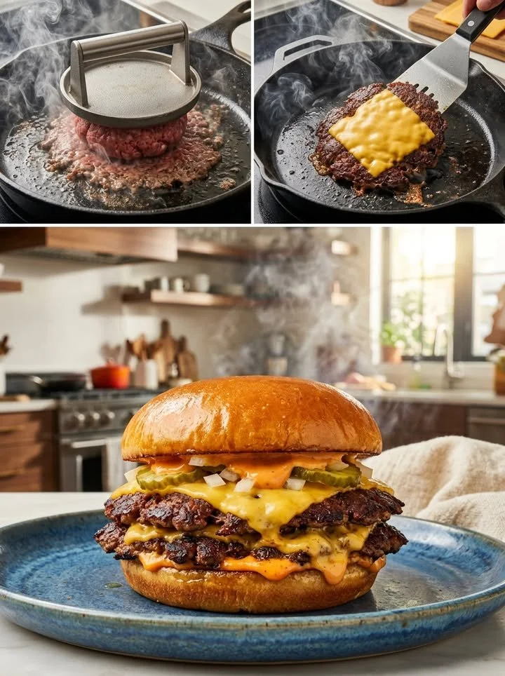 Leckerer Smash Burger auf einem Grill mit frischen Zutaten