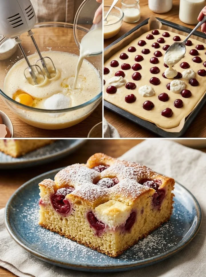 Leckerer Quark-Kirschkuchen mit saftigen Kirschen und cremigem Quark.
