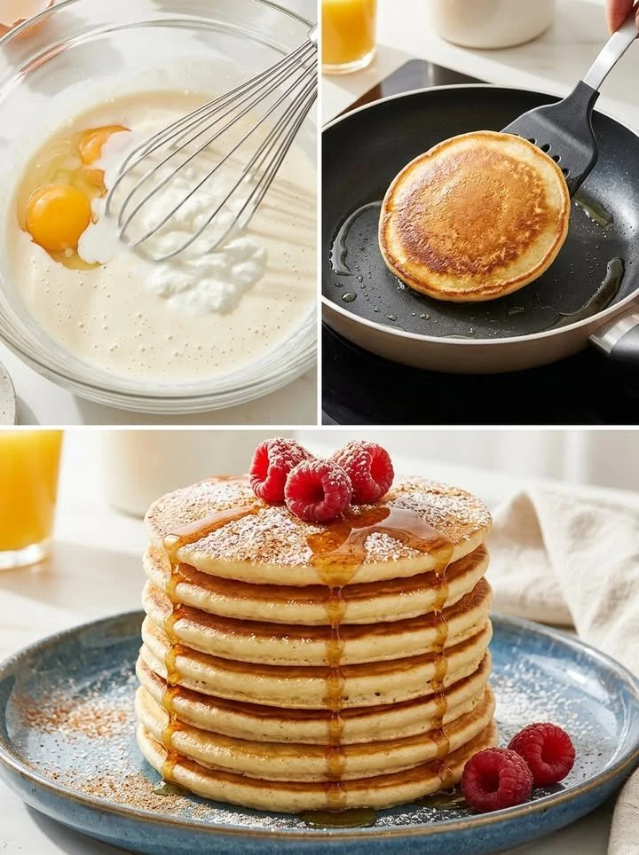 Delicious homemade Quark-Pfannkuchen on a plate with fruits