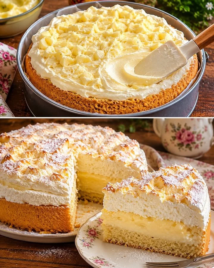 Köstlicher Quark Puddingkuchen auf einem Teller serviert