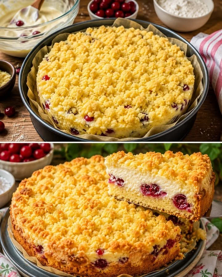 Quark Streuselkuchen mit Vanille Kirschfüllung auf einem Teller