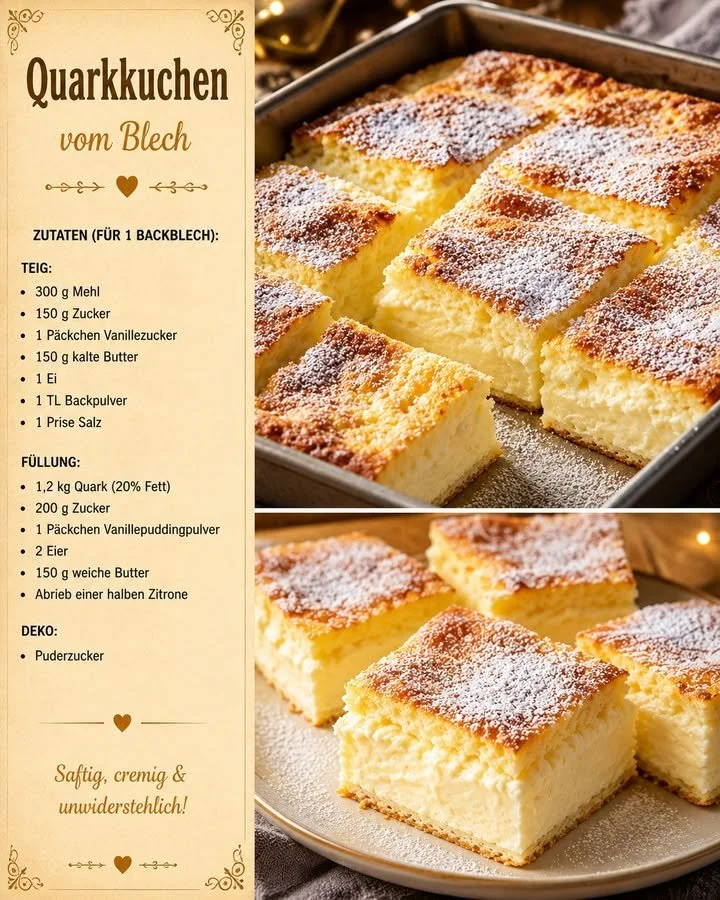 Quarkkuchen vom Blech mit Vanillepudding, frisch gebacken und lecker