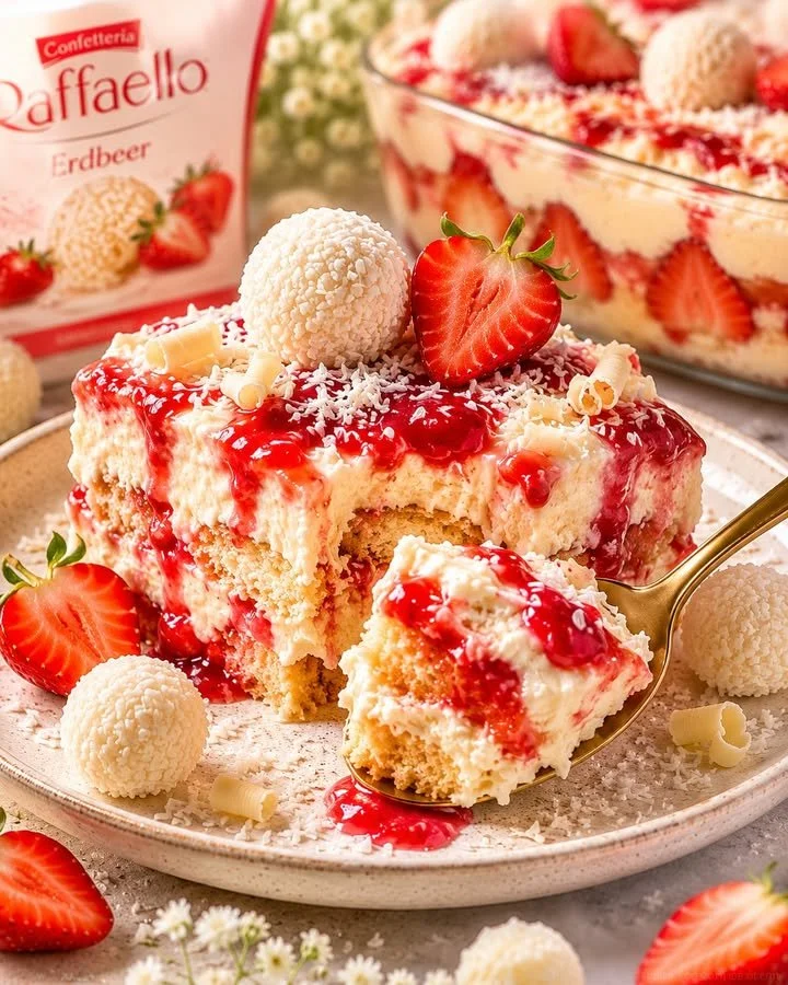 Raffaello Erdbeer Tiramisu Dessert mit Erdbeeren und Raffaello.