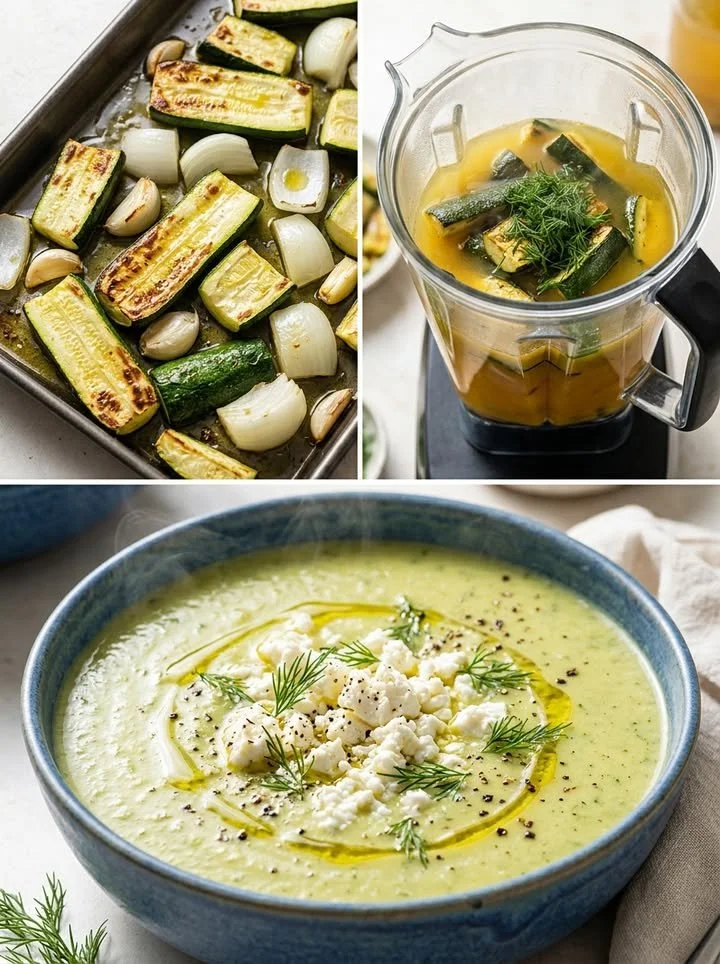 Roasted Zucchini Soup topped with creamy feta and fresh dill in a bowl.