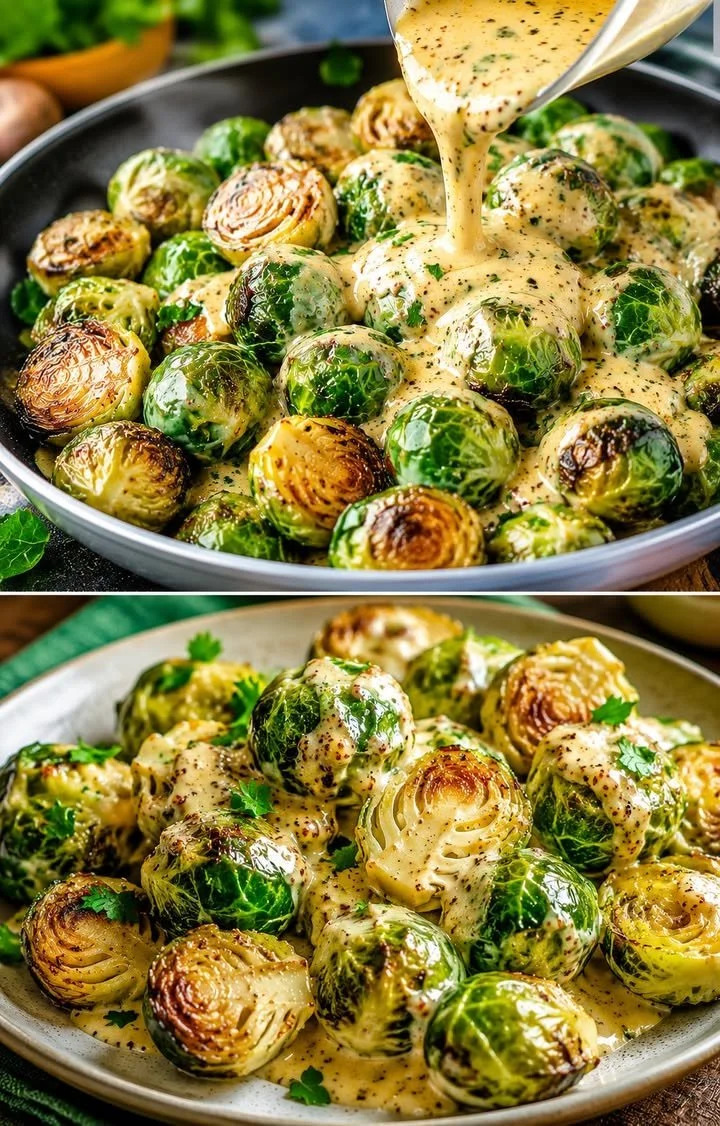 Rosenkohl in einer cremigen Frischkäse-Senfsauce serviert