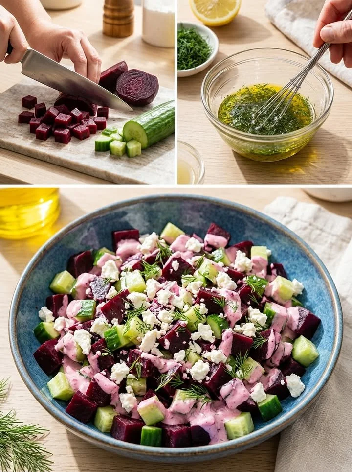 Rote-Bete-Feta-Salat mit frischen Zutaten auf einem Teller