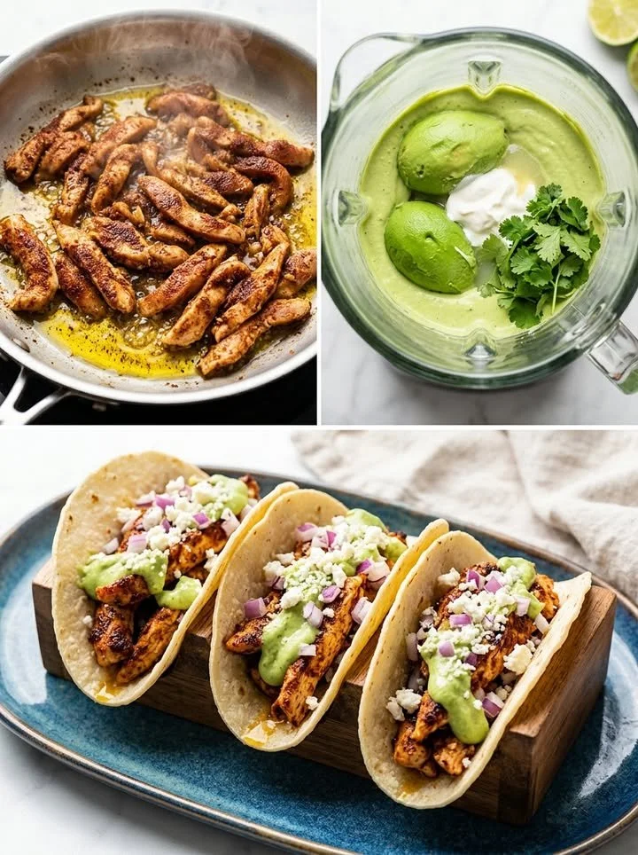 Saftige Hähnchen-Tacos mit Avocado-Creme auf einem Teller serviert