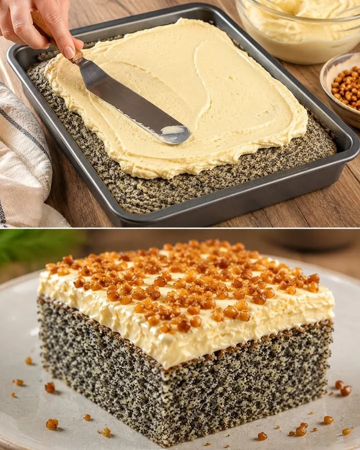 Schneller Mohnkuchen ohne Boden mit Paradiescreme auf einem Teller