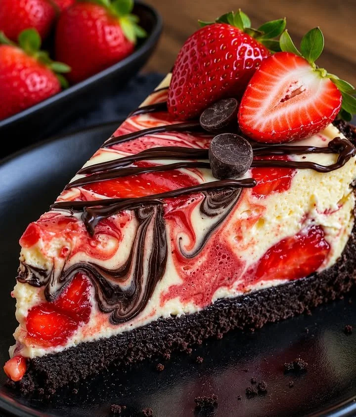 Schoko Erdbeer Käsekuchen auf einem Teller mit frischen Erdbeeren