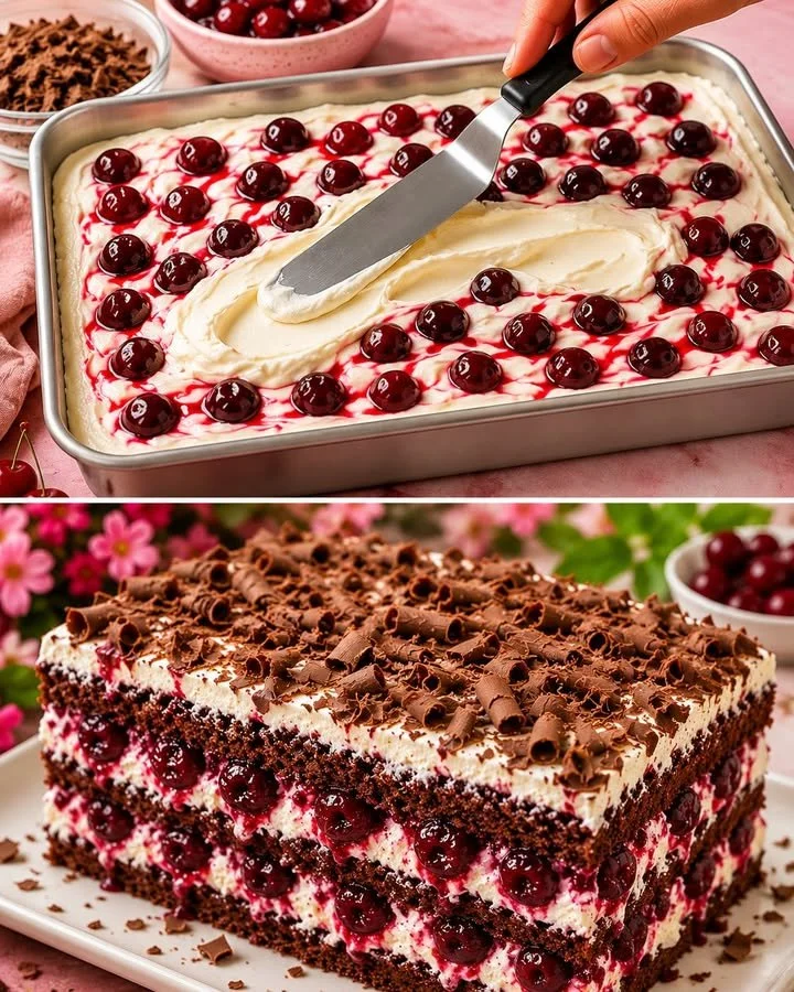 Schwarzwälder Kirschtorte vom Blech auf einem eleganten Teller serviert