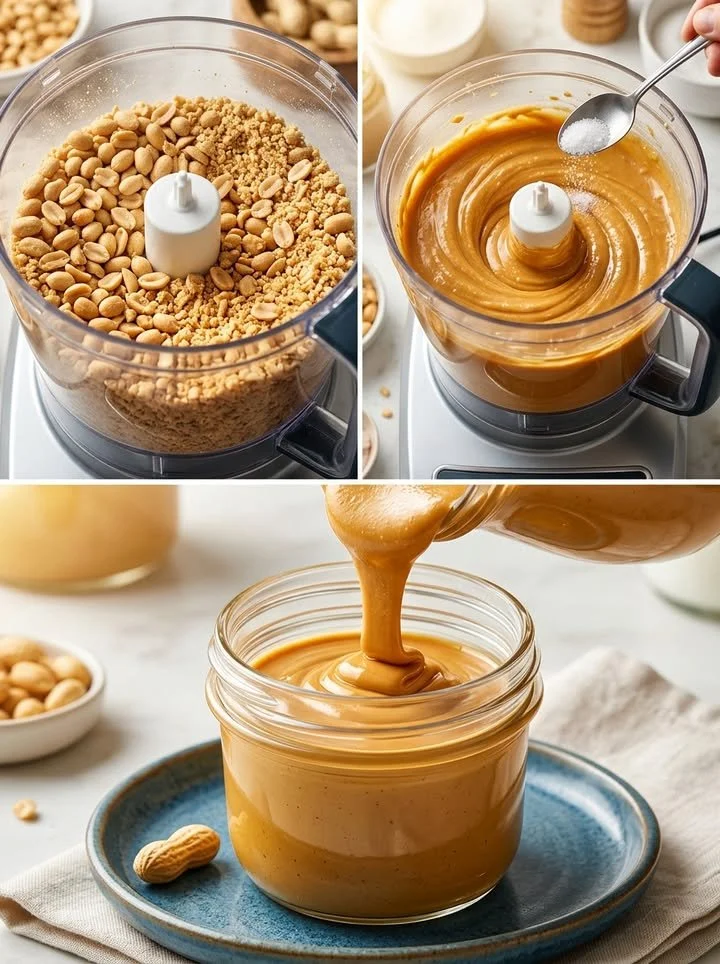 Selbstgemachte Erdnussbutter in einem Glas auf einem Holztisch