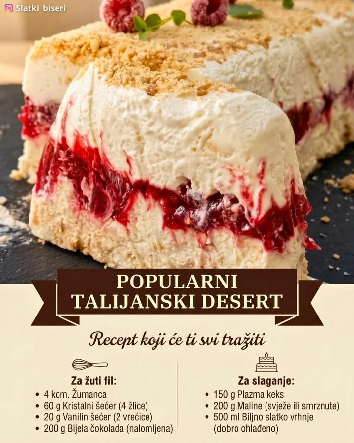 Semifreddo mit Himbeeren und Himbeersauce auf einem Teller angerichtet
