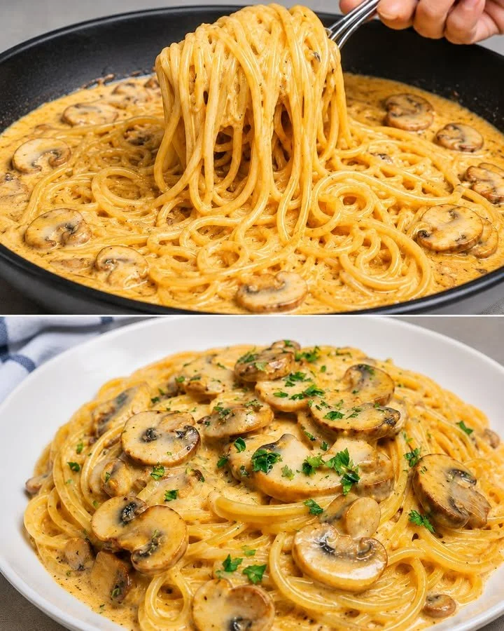 Spaghetti aus der Pfanne mit Champignons auf einem Teller serviert