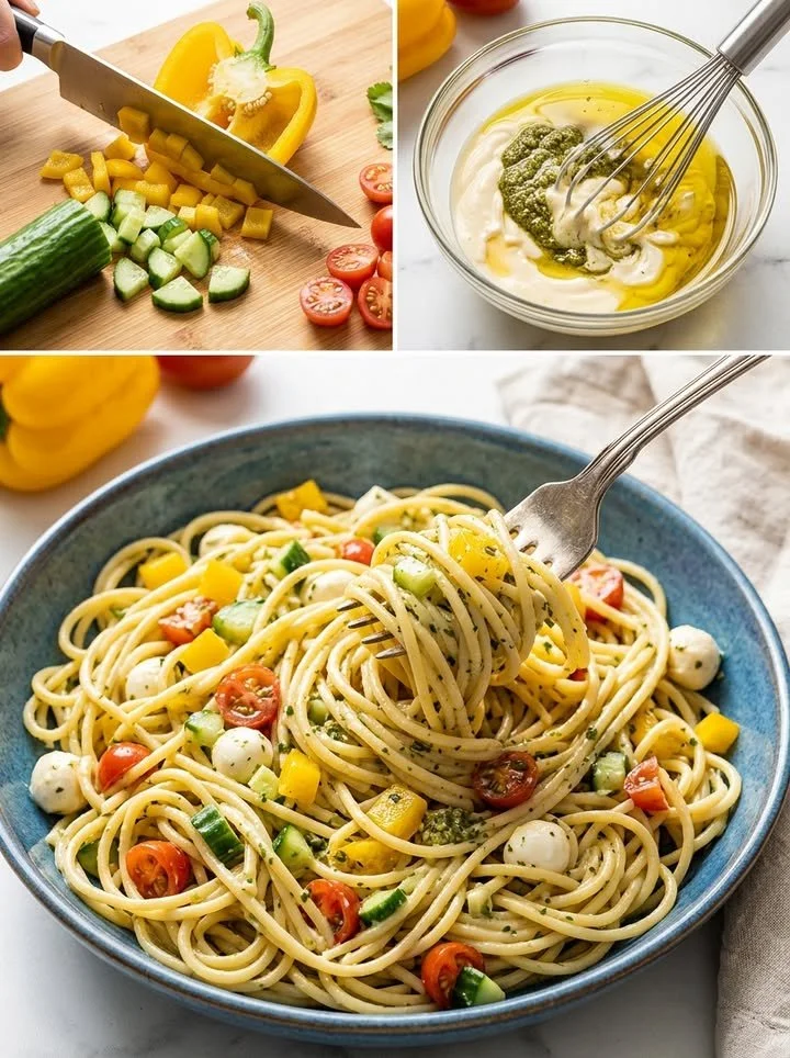 Leckerer Spaghettisalat mit frischem Gemüse und Dressing