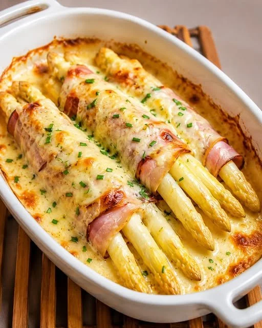 Gebackener Spargel aus dem Ofen, serviert mit frischen Kräutern und Gewürzen.