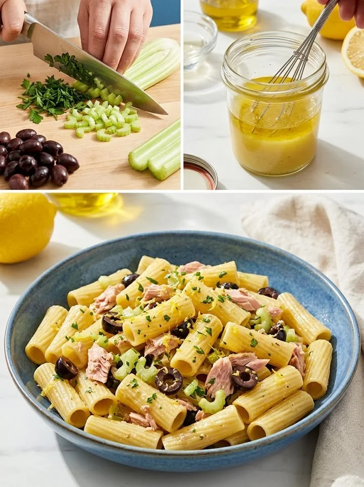 Zitronen-Thunfisch-Pasta mit frischen Zutaten in einer Schüssel