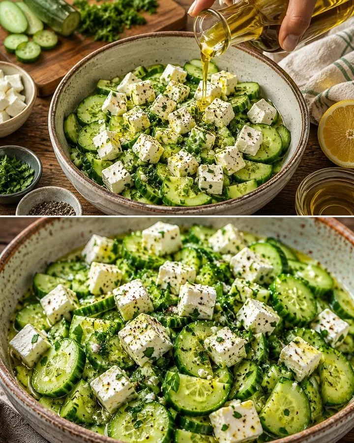 Schüssel mit superschnellem Gurken Feta-Salat, frisch und bekömmlich.
