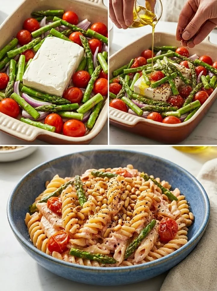 Cremige Spargelpasta mit Honigtomaten, schnell und einfach zubereitet.