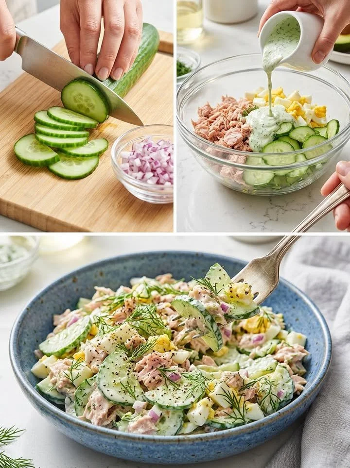 Thunfisch-Gurken-Salat mit frischen Zutaten auf einem Teller
