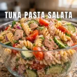 Leckerer Thunfisch-Nudelsalat auf einem Teller angerichtet