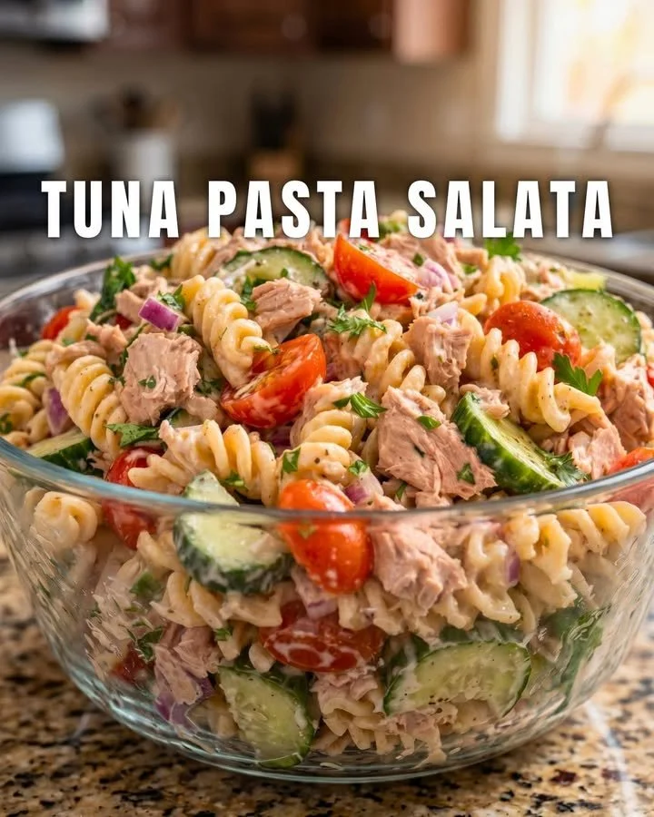 Leckerer Thunfisch-Nudelsalat auf einem Teller angerichtet