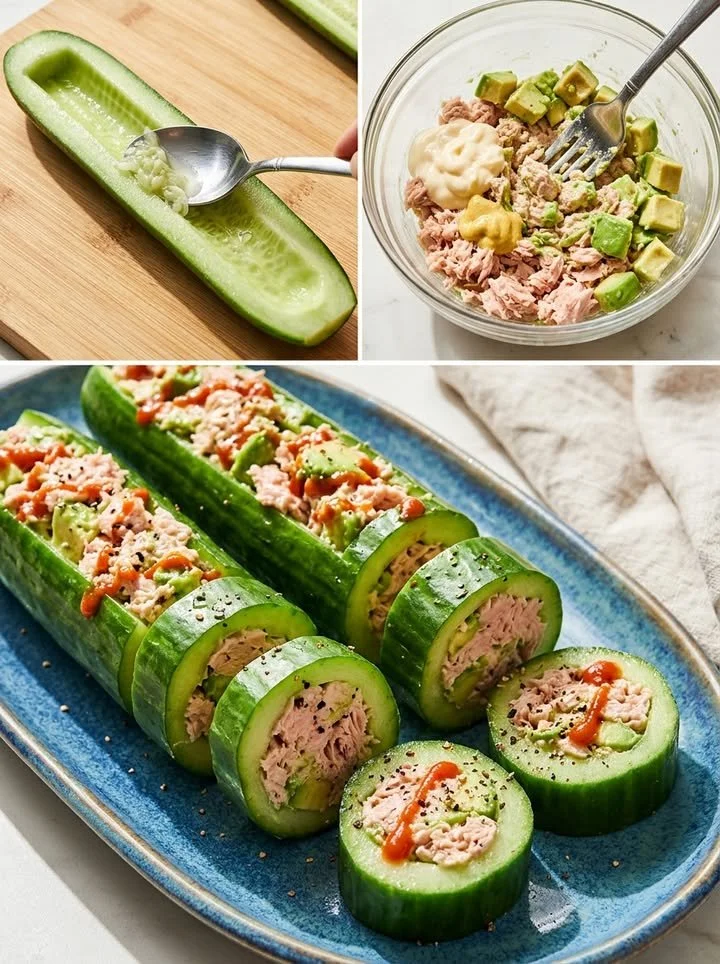 Tunacado-Rolle mit Gurke und frischem Fisch auf einem Teller