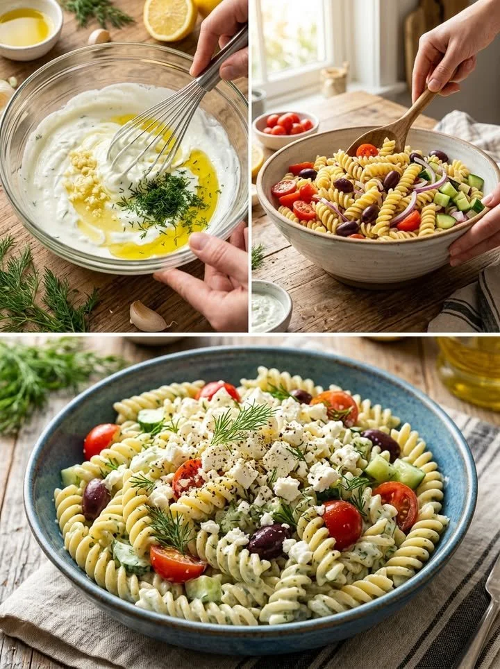 Frischer Tzatziki-Pasta-Salat mit Joghurt und Gemüse