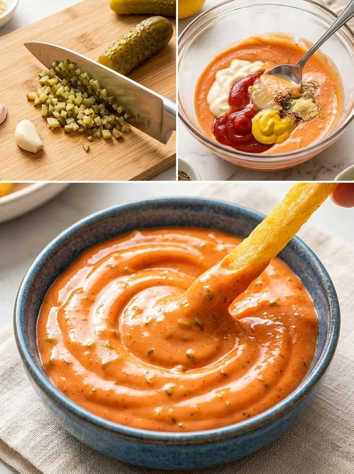 Ketchup-Mayonnaise-Dip in einem appetitlichen Glas mit frischen Zutaten.