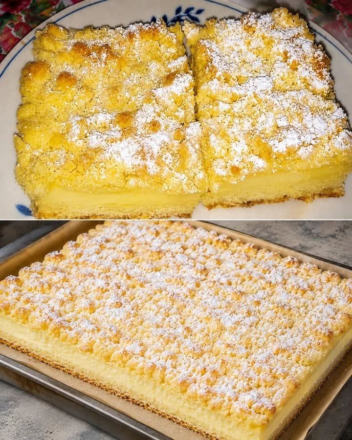 Versunkener Streuselkuchen mit Vanillepudding in einer Backform.