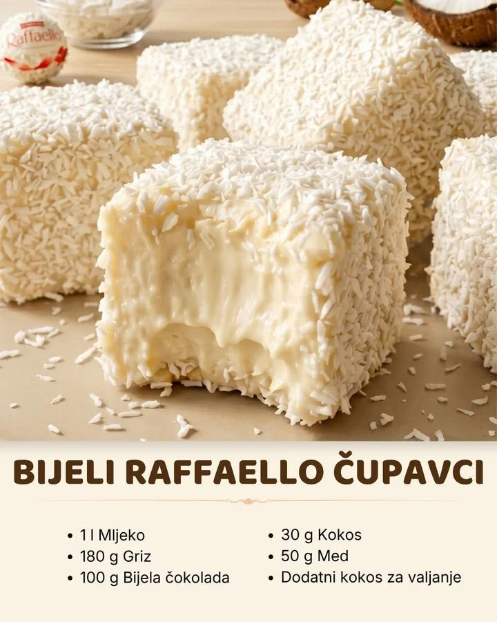 Weiße Raffaello Schnitten auf einem Teller, bereit zum Servieren.