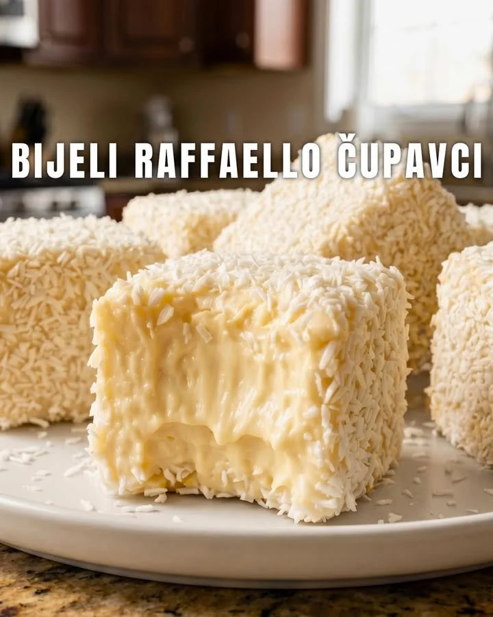 Weiße Raffaello Čupavci, eine schmackhafte Süßigkeit mit Kokosnuss und Mandeln.