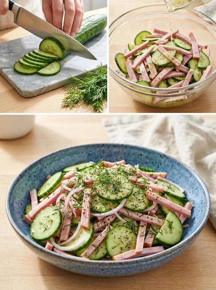 Würziger 5-Minuten Schinken-Gurken-Salat in einer Schüssel