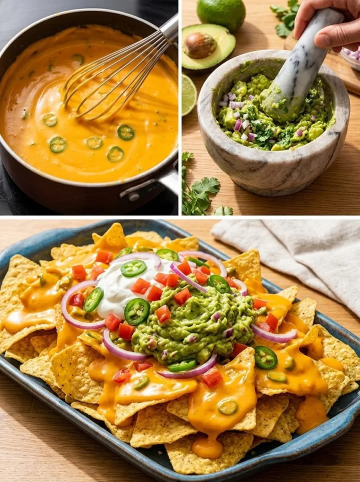 XL WM Nacho Platte mit verschiedenen Toppings und Dips für eine Party.