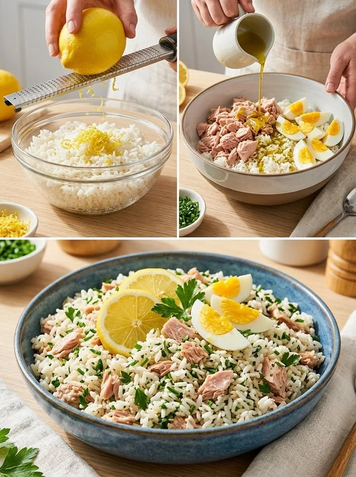 Zitronen-Thunfisch-Reissalat mit frischen Zutaten und buntem Gemüse
