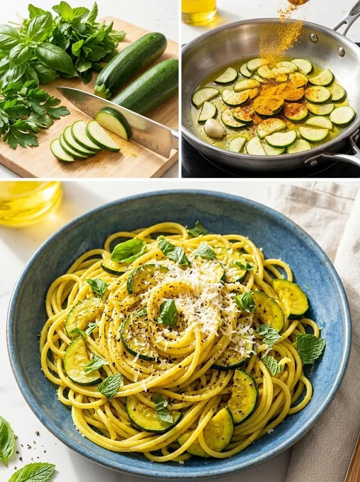 Zucchini-Pasta mit spezieller Gewürz-Aktivierung serviert in einer Schüssel.