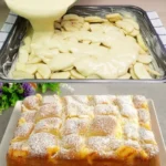 Apfelkuchen mit Vanillepudding auf einem Teller, schnell und einfach zubereitet.