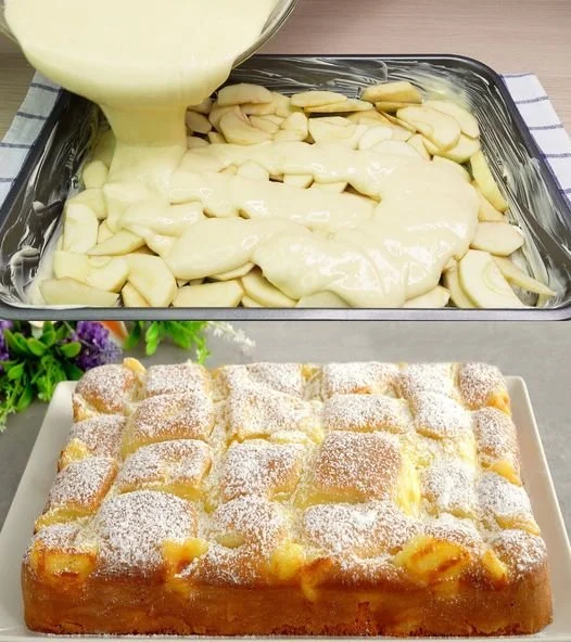Apfelkuchen mit Vanillepudding auf einem Teller, schnell und einfach zubereitet.