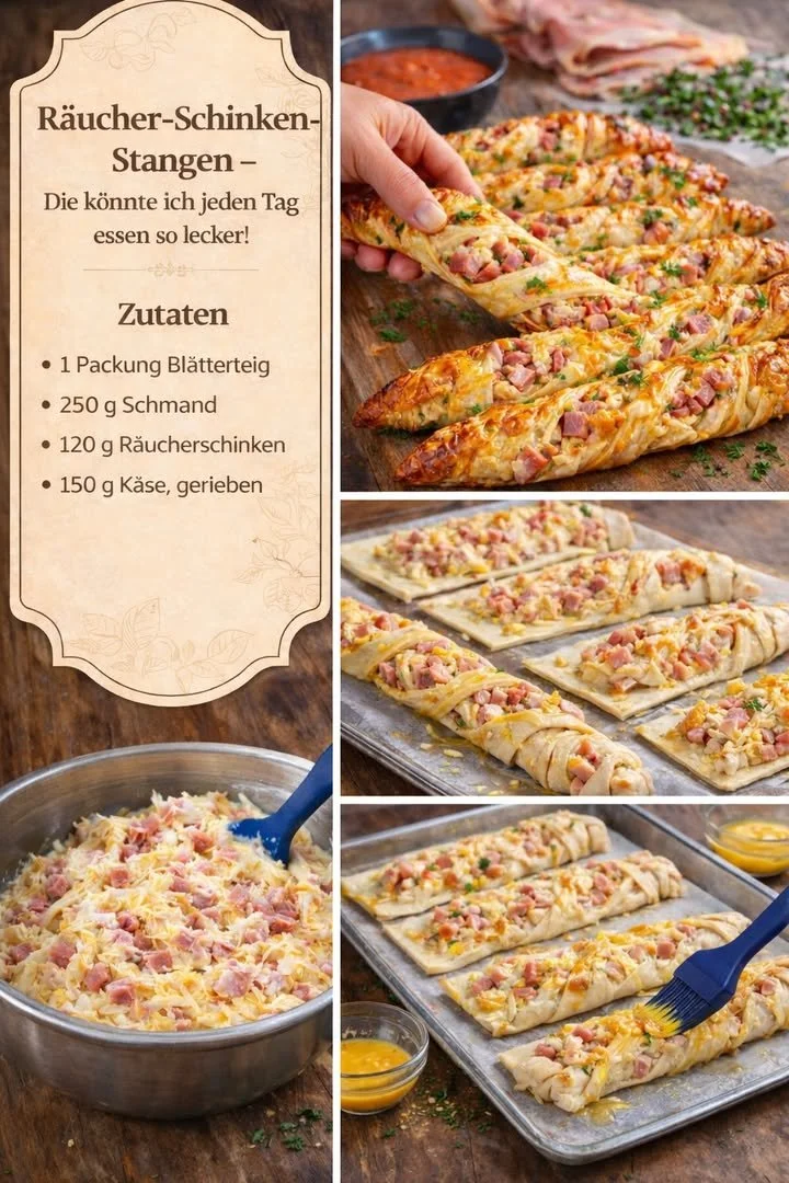 Blätterteig Stangen mit Schinken und Käse, schnell zubereitet in 10 Minuten