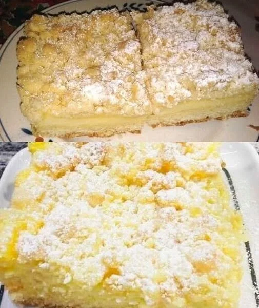 Schneller Streuselkuchen mit Vanillepudding auf einem Teller