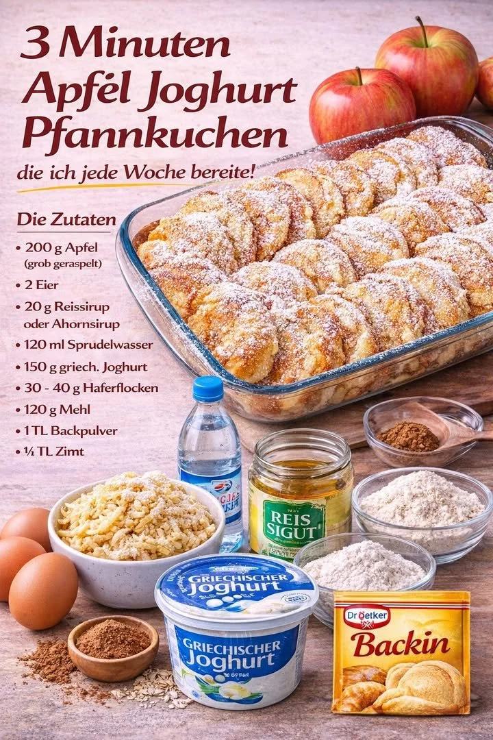 Drei Minuten Apfel Joghurt Pfannkuchen auf einem Teller serviert