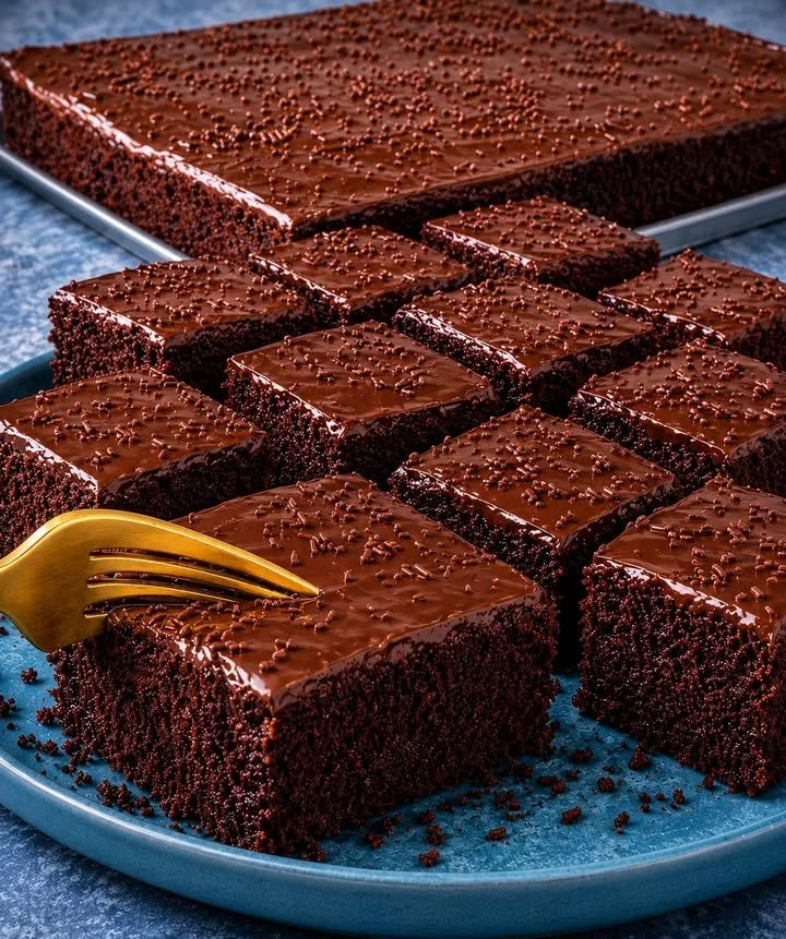 Saftiger 3 Minuten Schoko Blechkuchen auf einem Blech, garniert mit Puderzucker.