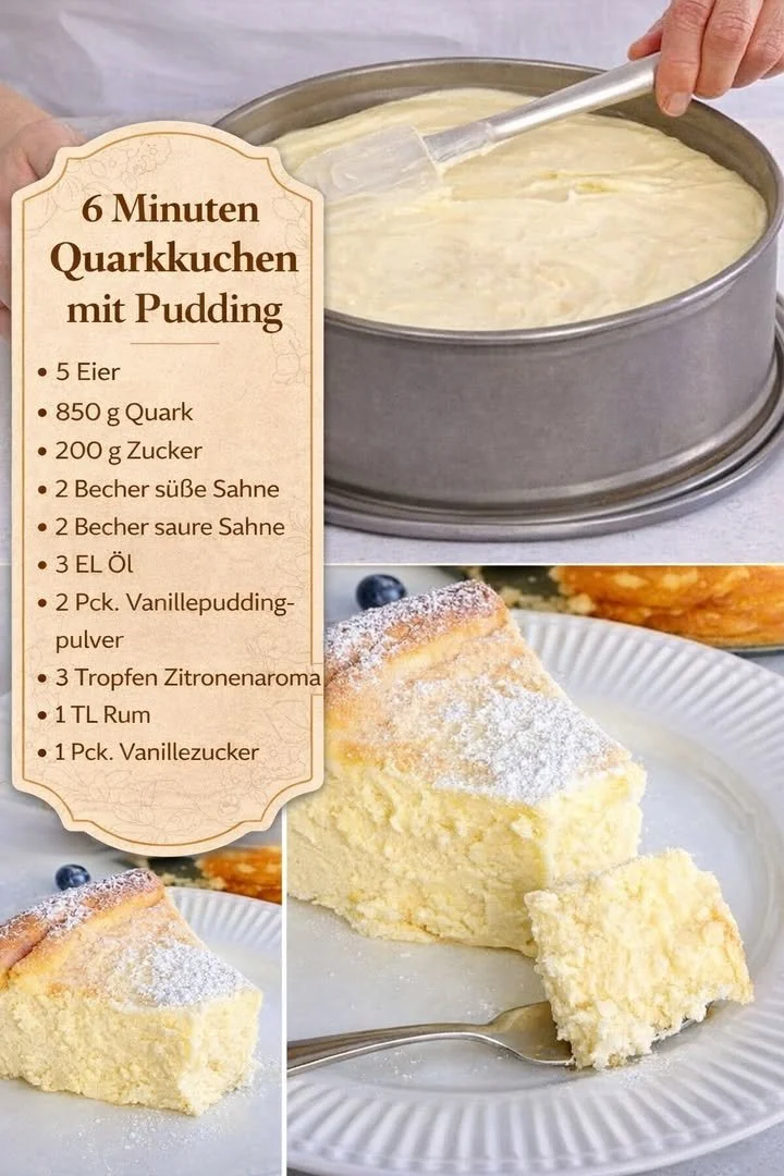 6 Minuten Quarkkuchen mit Pudding auf einem Teller serviert