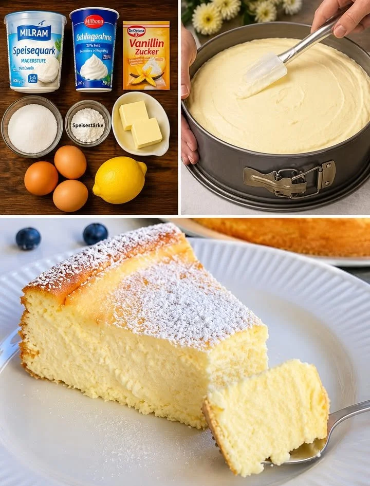 6 Minuten Quarkkuchen mit Vanillepudding auf einem Teller serviert