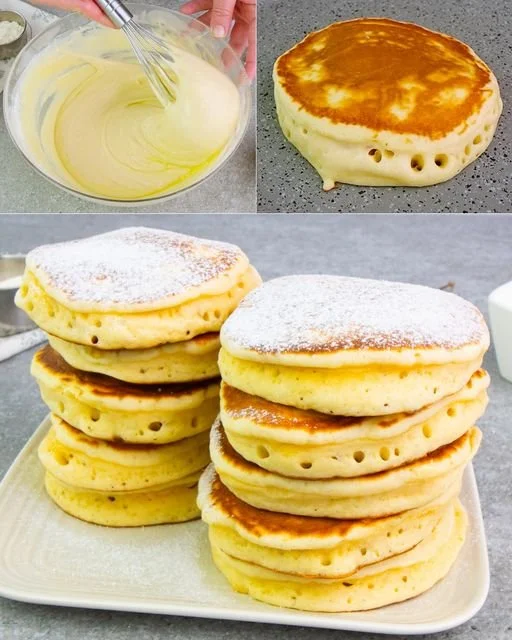 Fluffige amerikanische Pfannkuchen mit Ahornsirup serviert
