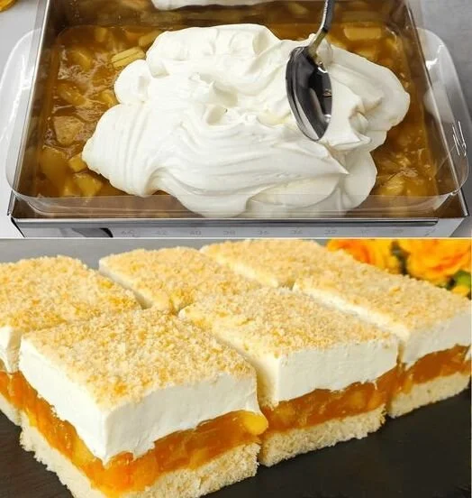 Leckere Apfel Puddingschnitten auf einem Teller serviert