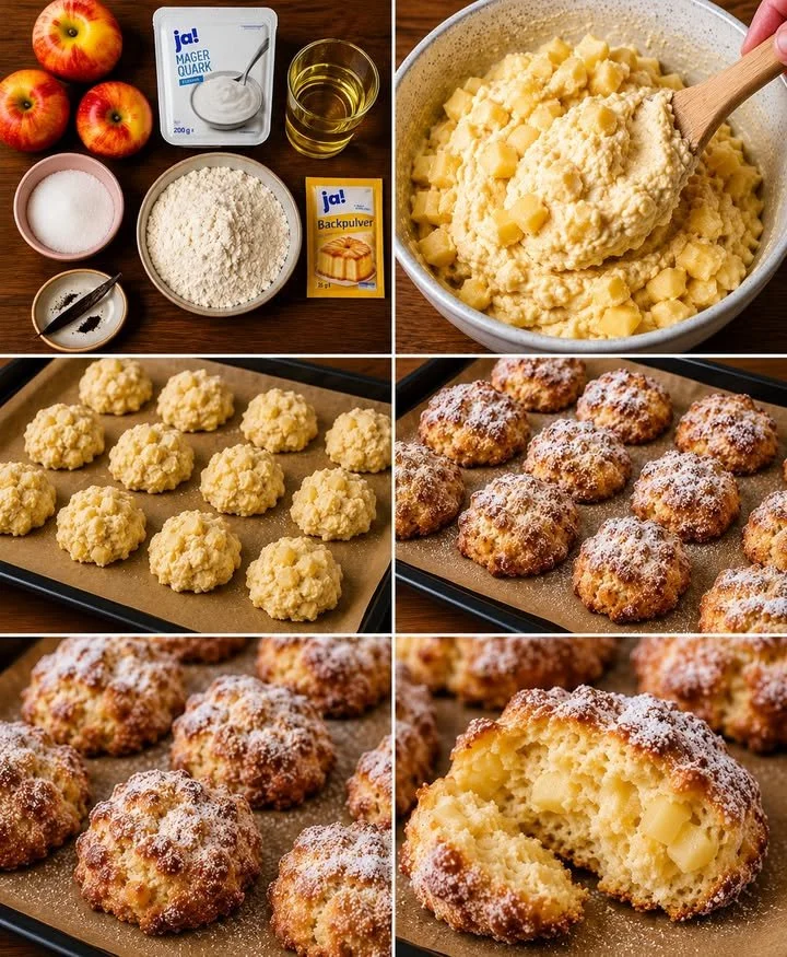 Leckere Apfelkekse mit frischen Äpfeln und Gewürzen auf einem Backblech